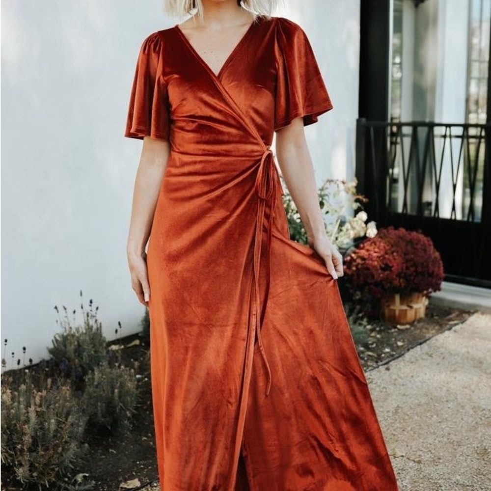 Baltic Born Meghan Velvet Wrap Maxi Dress in Rust - Picture 1 of 7
